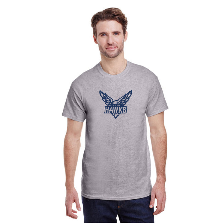 HOLY SPIRIT CATHOLIC SCHOOL SPIRITWEAR - HAWKS PRINT - GILDAN COTTON TEE  - ADULT