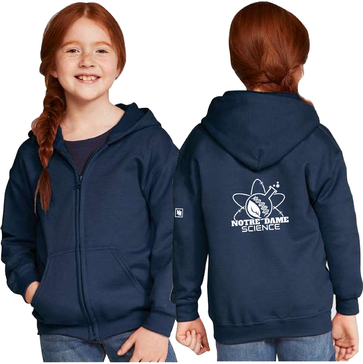 NOTRE DAME SCIENCE - BACK PRINT - GILDAN COTTON ZIP HOODIE - YOUTH