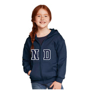 NOTRE DAME SPIRITWEAR - VARSITY ND PRINT - GILDAN HEAVY BLEND ZIPPED HOODIE - YOUTH