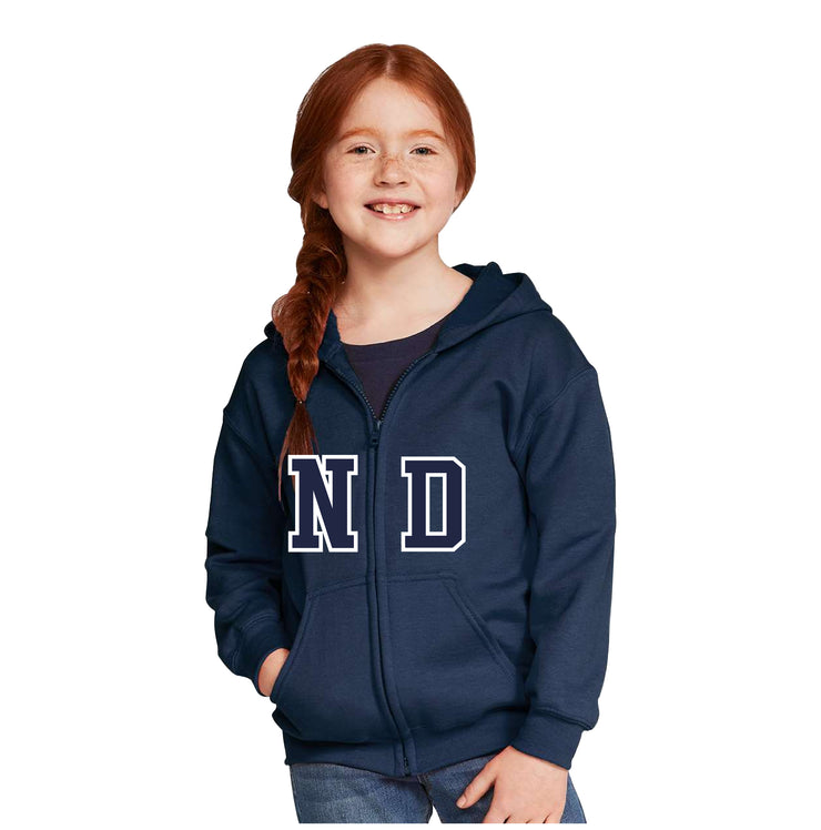 NOTRE DAME SPIRITWEAR - VARSITY ND PRINT - GILDAN HEAVY BLEND ZIPPED HOODIE - YOUTH