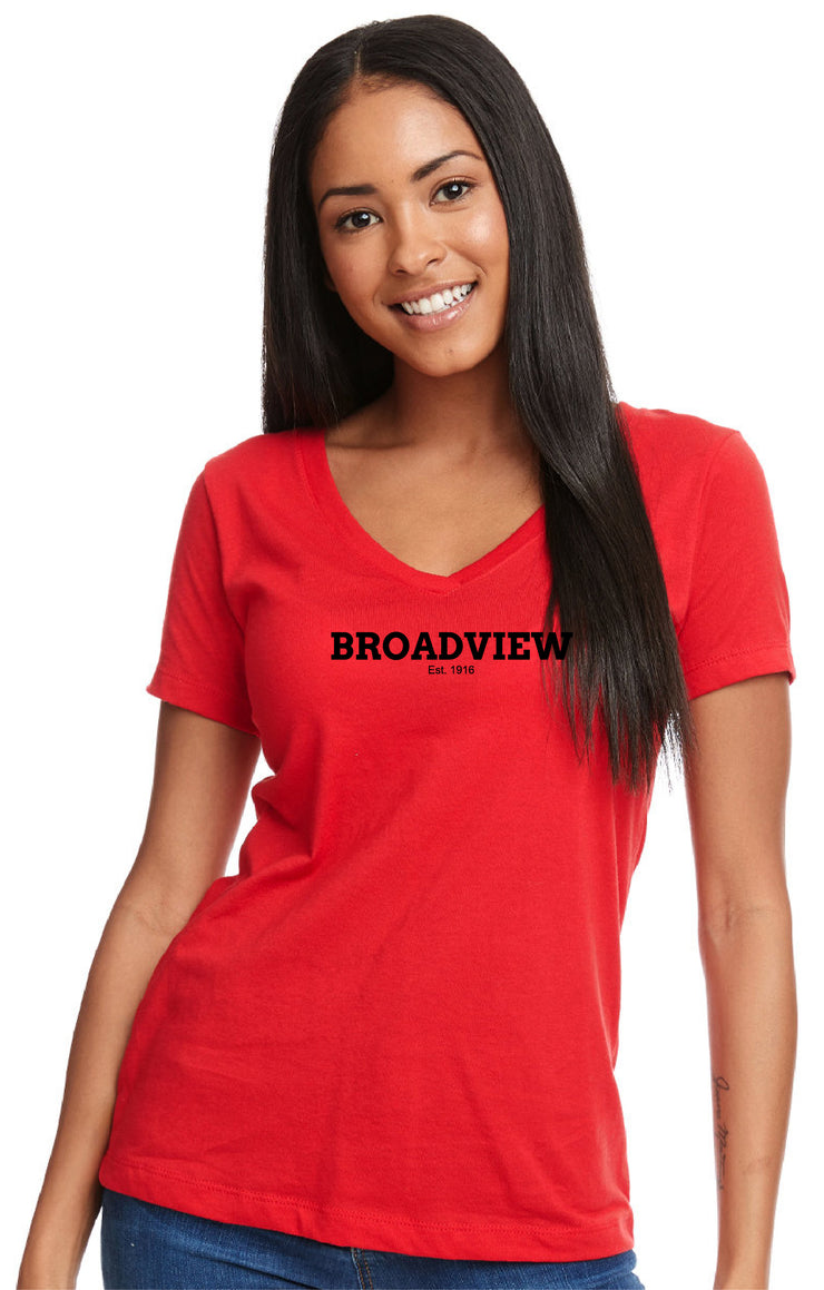 BROADVIEW STAFFWEAR - TEXT LOGO - NEXT LEVEL IDEAL V NECK TEE - LADIES