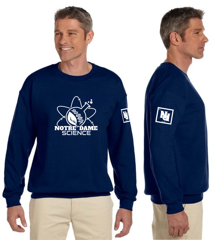 NOTRE DAME SCIENCE - FRONT PRINT - GILDAN COTTON FLEECE CREWNECK