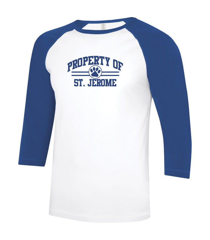 ST. JEROME SPIRITWEAR- ADULT- ATC RINGSPUN BASEBALL TEE- PROPERTY OF PRINT